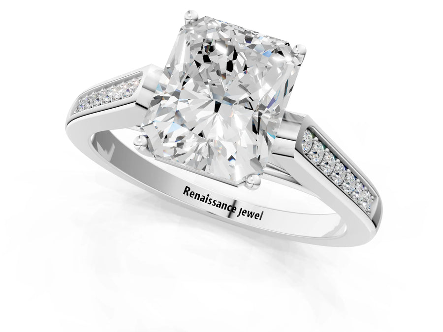 White gold Radiant Cut Solitaire Cathedral Diamond Engagement Ring with Channel-Set Band and Four-Prong Setting