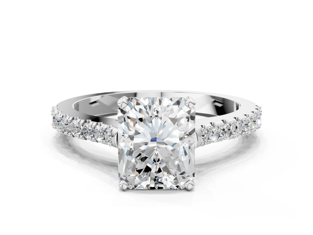 White gold Radiant Cut Solitaire Diamond Engagement Ring with Pave Band and Four-Prong Setting_209