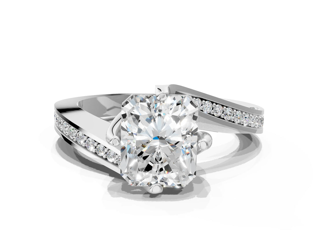 White gold Radiant Cut Solitaire Diamond Twist Band with Pavé Setting and Four-Prong Setting_7