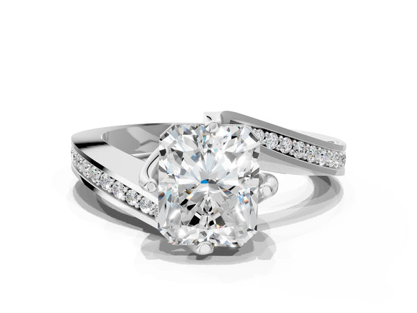 White Gold Radiant Cut Bypass Solitaire Engagement Ring Setting with Swirl Pave Band
