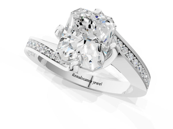 White Gold Radiant Cut Bypass Solitaire Engagement Ring Setting with Swirl Pave Band