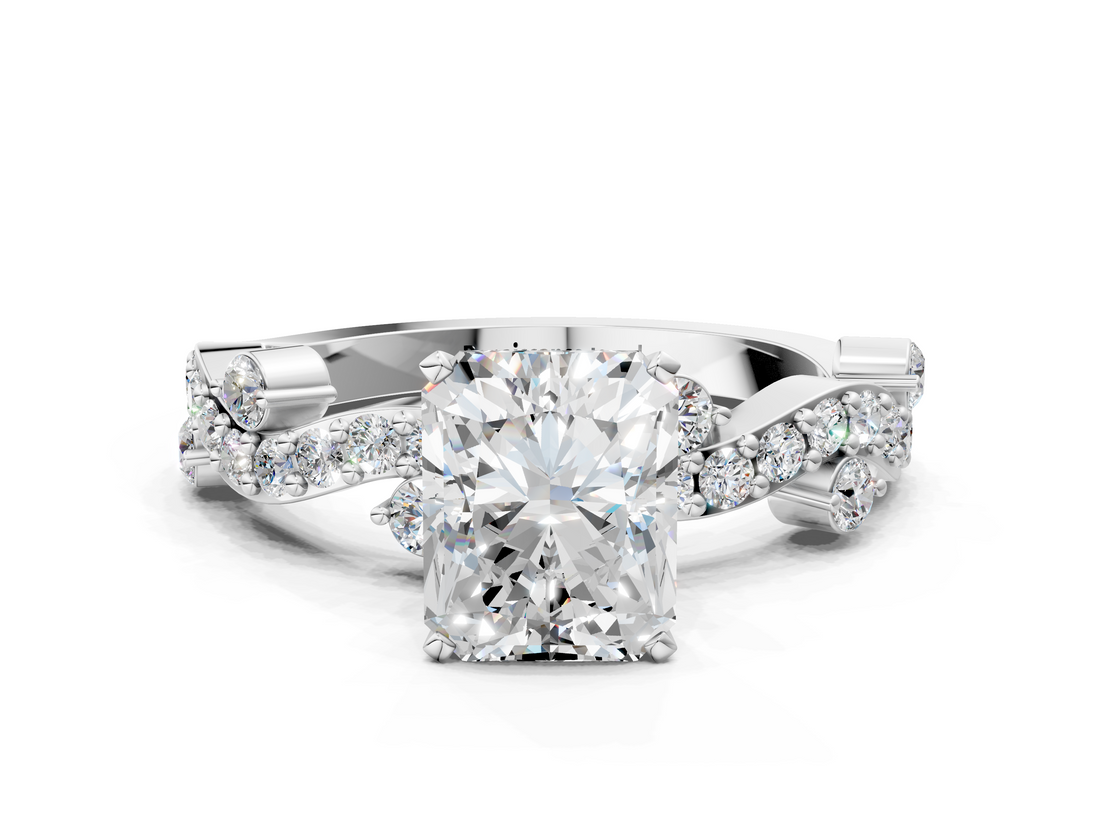 White gold Radiant Cut Solitaire Diamond Twisted Band with Pave Setting_105