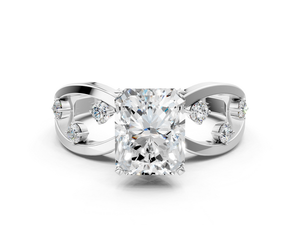 White gold Radiant Cut Solitaire Diamond with Side Stones on Criss-Cross Band and Four-Prong Setting