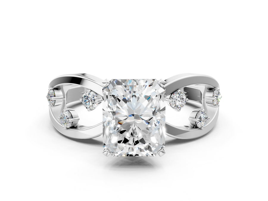 White gold Radiant Cut Solitaire Diamond with Side Stones on Criss-Cross Band and Four-Prong Setting