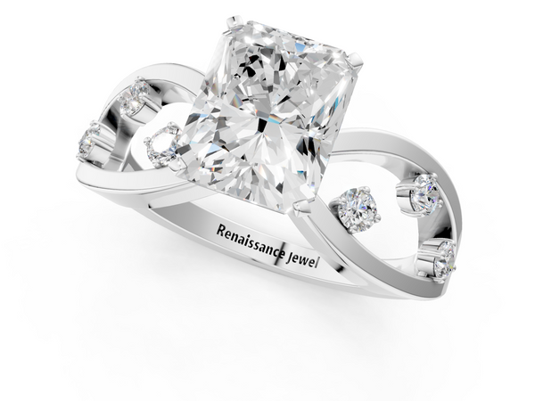 White gold Radiant Cut Solitaire Diamond with Side Stones on Criss-Cross Band and Four-Prong Setting