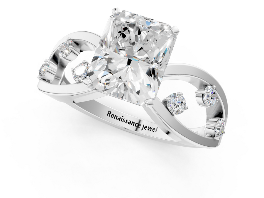 White gold Radiant Cut Solitaire Diamond with Side Stones on Criss-Cross Band and Four-Prong Setting