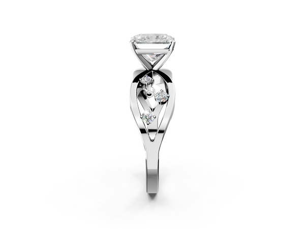 White gold Radiant Cut Solitaire Diamond with Side Stones on Criss-Cross Band and Four-Prong Setting