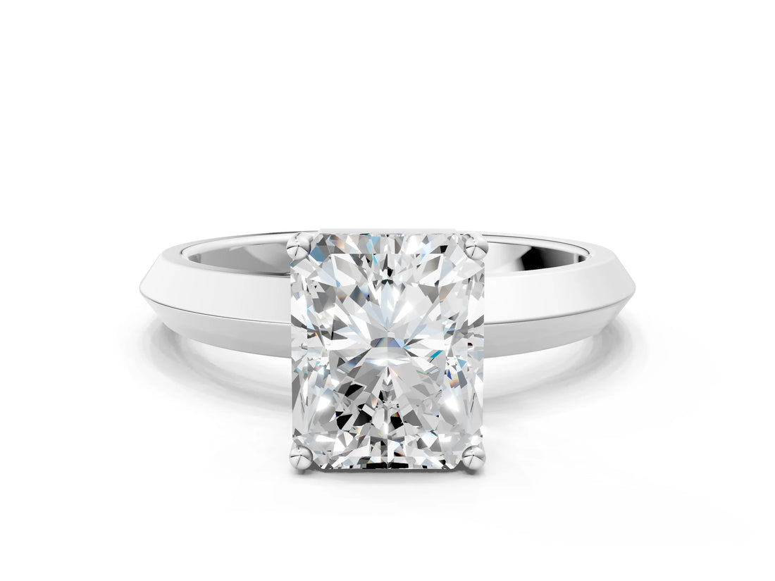 White gold Radiant Cut Solitaire Engagement Ring with Flat Band and Four-Prong Setting