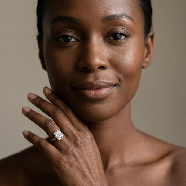 White gold Radiant Cut Solitaire Engagement Ring with Four-Prong Setting on a Classic Band