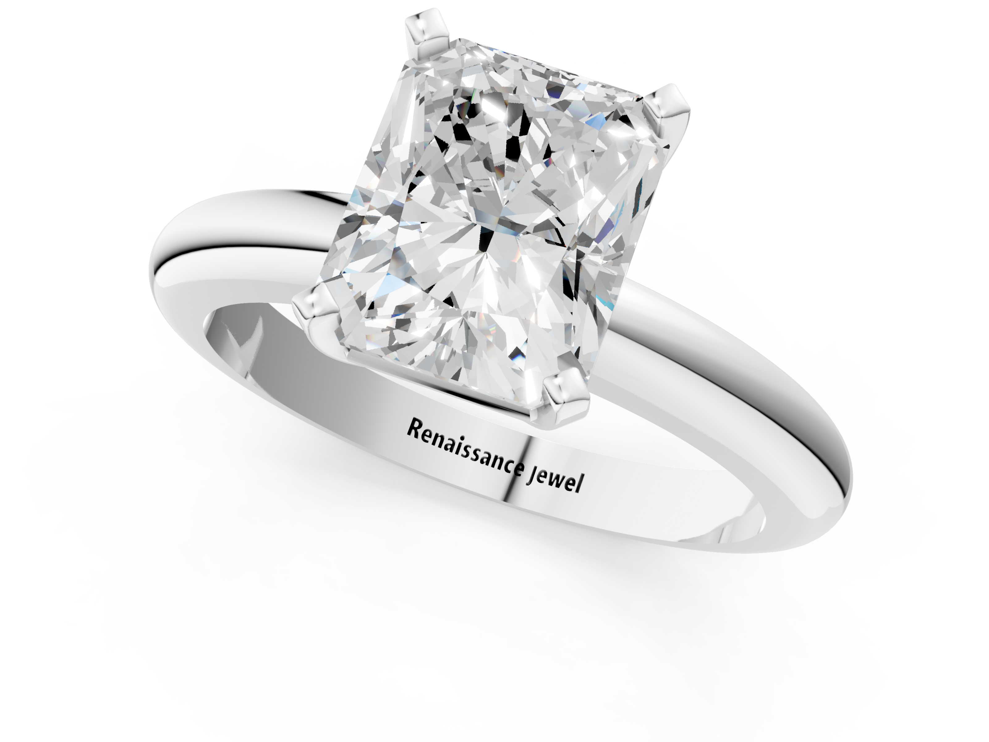 White gold Radiant Cut Solitaire Engagement Ring with Round Band and Four-Prong Setting_389