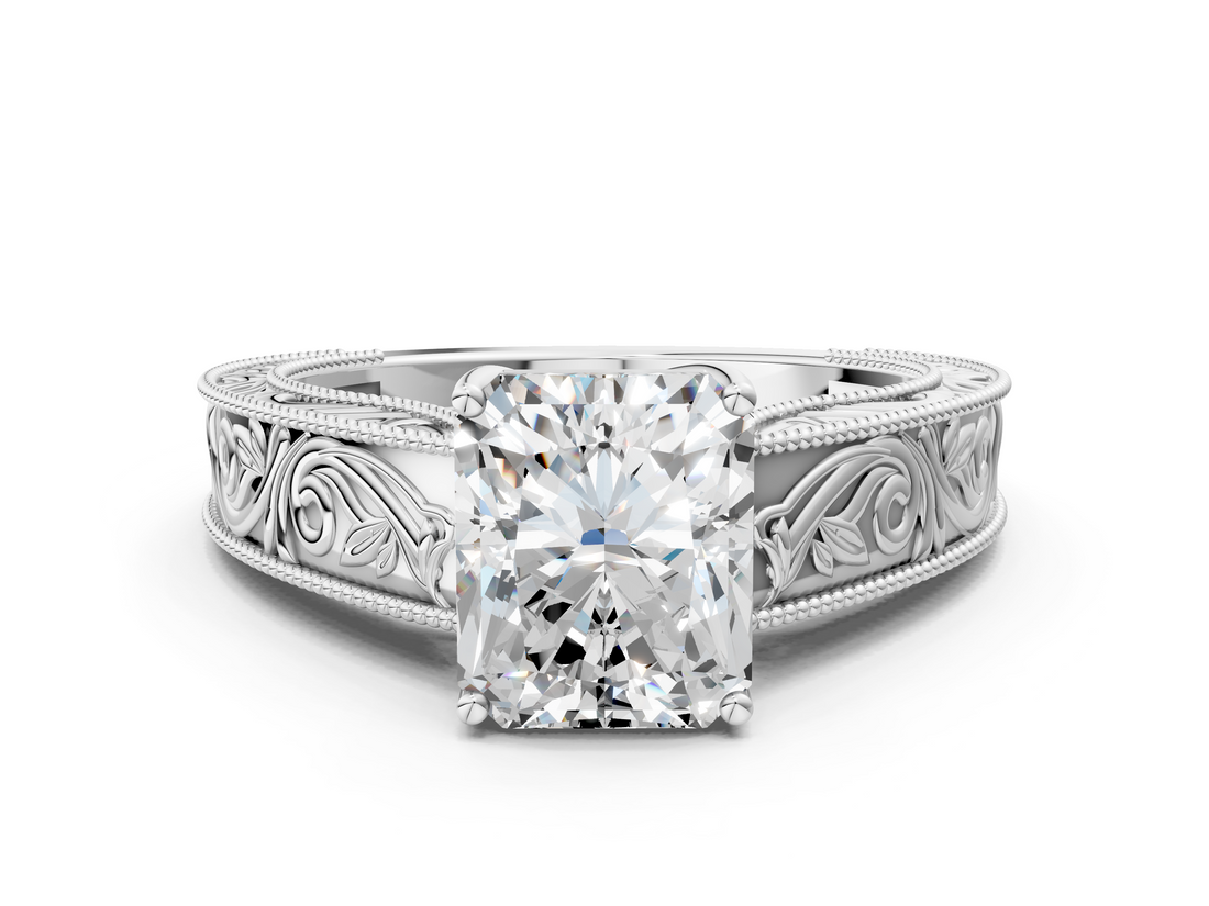 White gold Radiant Cut Solitaire Engraved Band with Four-Prong Setting_62