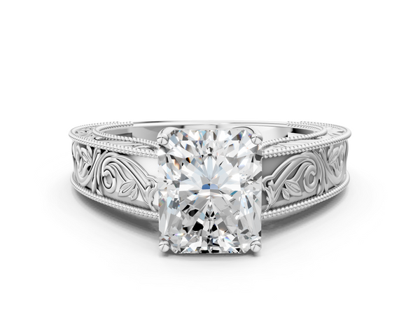 White Gold Radiant Cut Vintage Solitaire Engagement Ring Setting with Leaf Scroll Engraved Band
