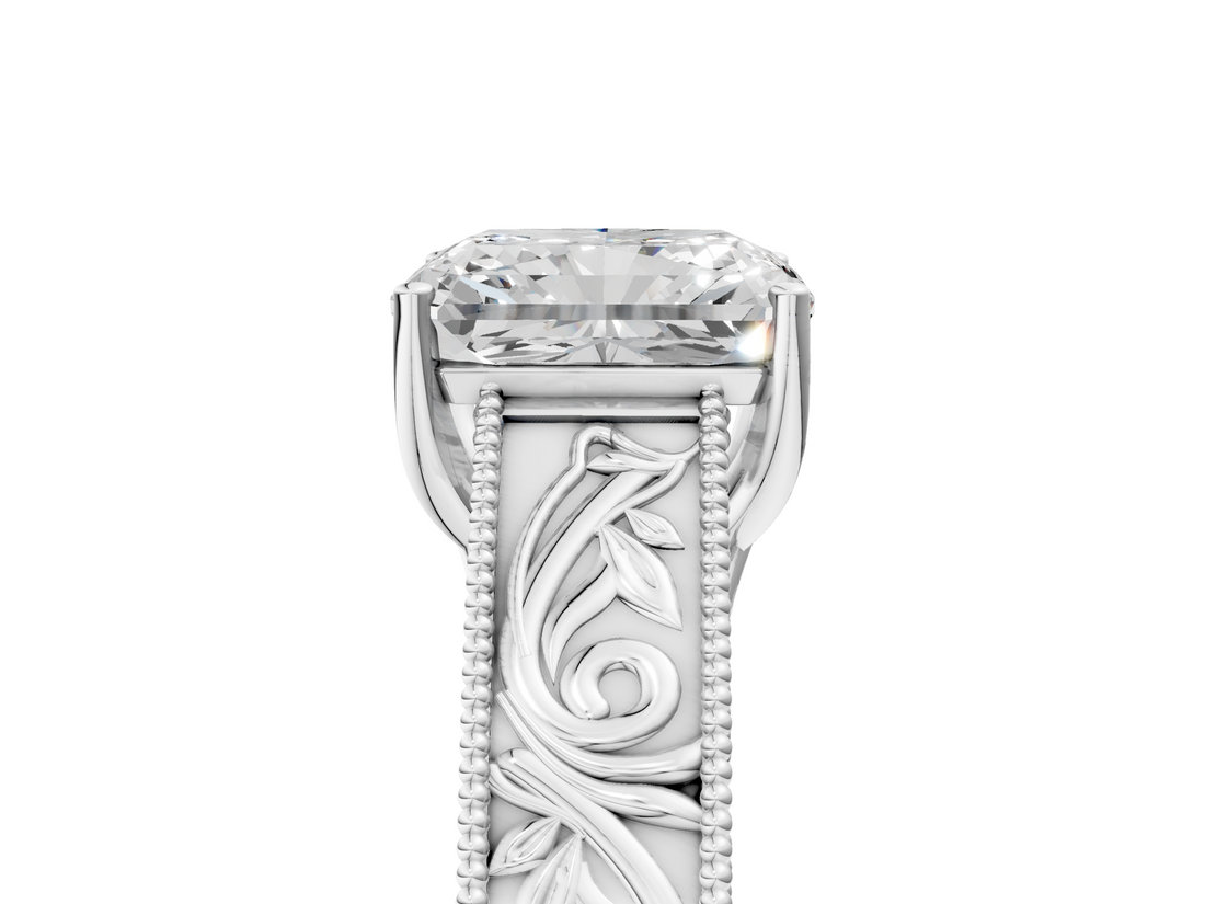 White gold Radiant Cut Solitaire Engraved Band with Four-Prong Setting_63