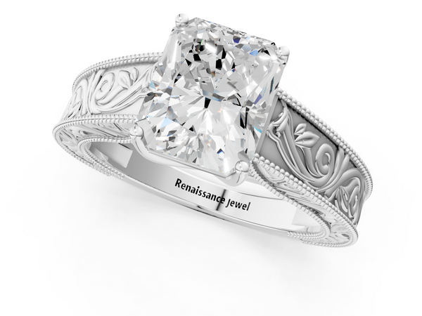 White Gold Radiant Cut Vintage Solitaire Engagement Ring Setting with Leaf Scroll Engraved Band