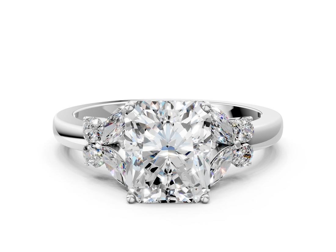 White gold Radiant Cut Solitaire Floral Diamond Ring with Four-Prong Setting_67