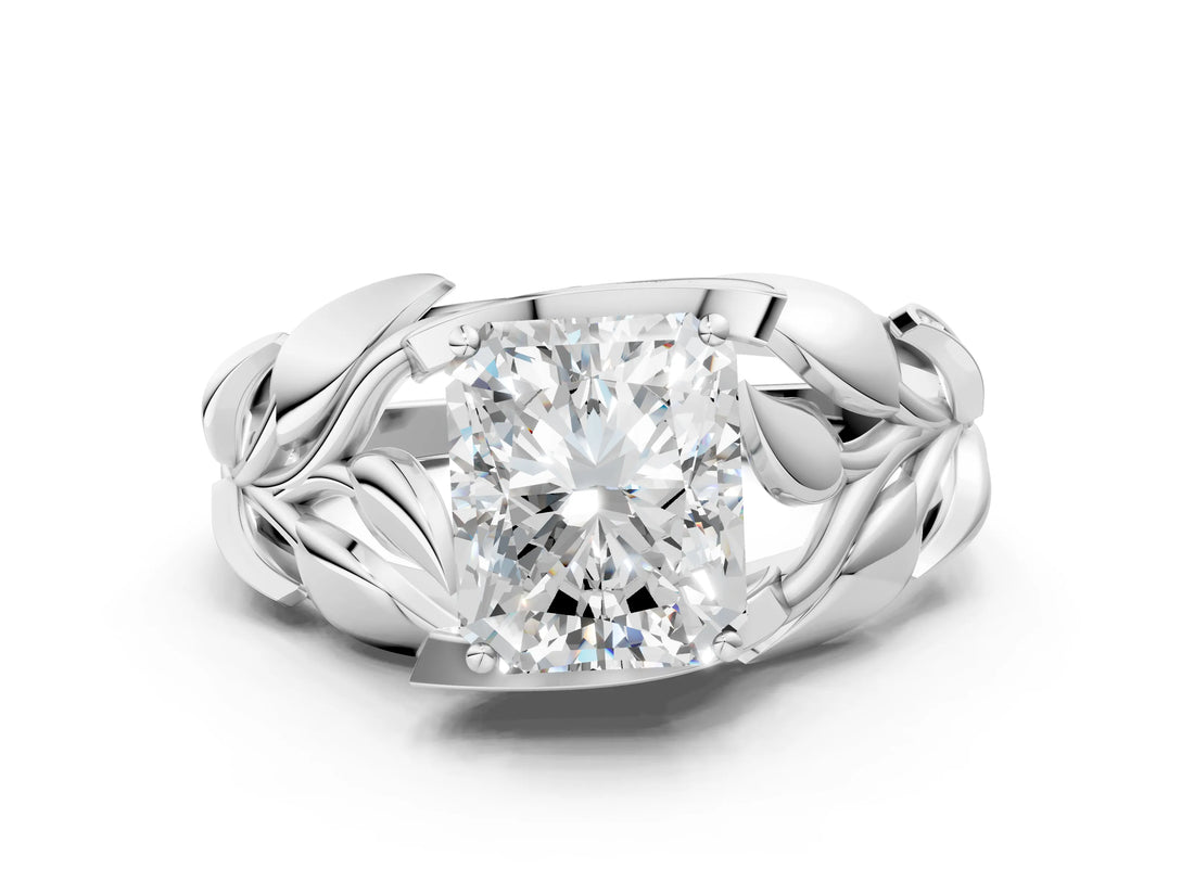 White gold Radiant Cut Solitaire Leaf-Inspired Engagement Ring with Prong Setting_7