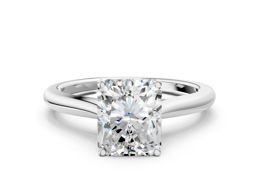 White gold Radiant Cut Solitaire Ring with Cathedral Band and Four-Prong Setting