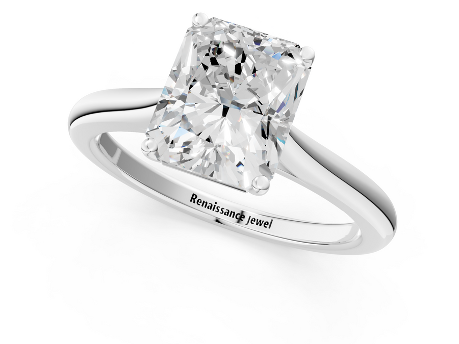 White gold Radiant Cut Solitaire Ring with Cathedral Band and Four-Prong Setting