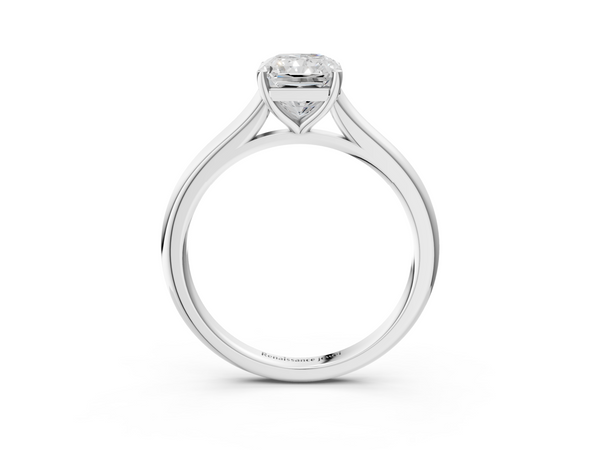 White gold Radiant Cut Solitaire Ring with Cathedral Band and Four-Prong Setting