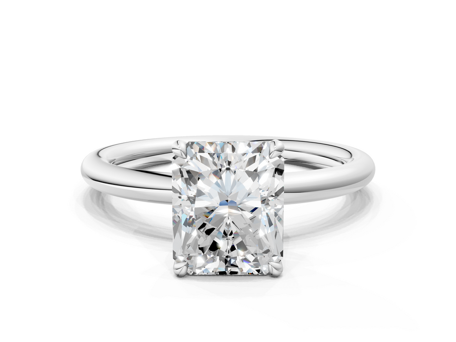 White gold Radiant Cut Diamond Solitaire Ring with Thin Band and Four-Prong Setting