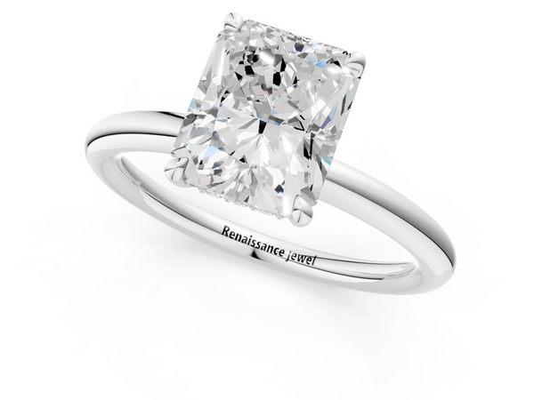 White gold Radiant Cut Diamond Solitaire Ring with Thin Band and Four-Prong Setting