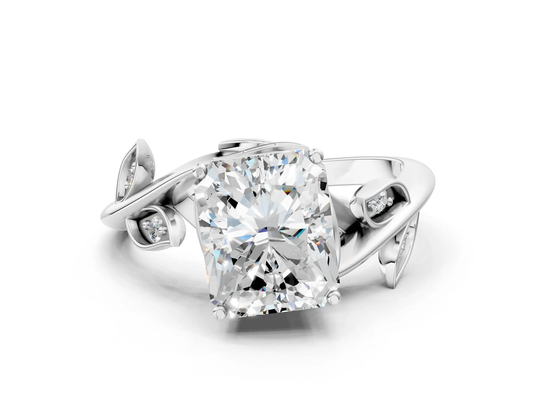White gold Radiant Cut Solitaire Twist Engagement Ring with Leaf Accents and Prong Setting_19