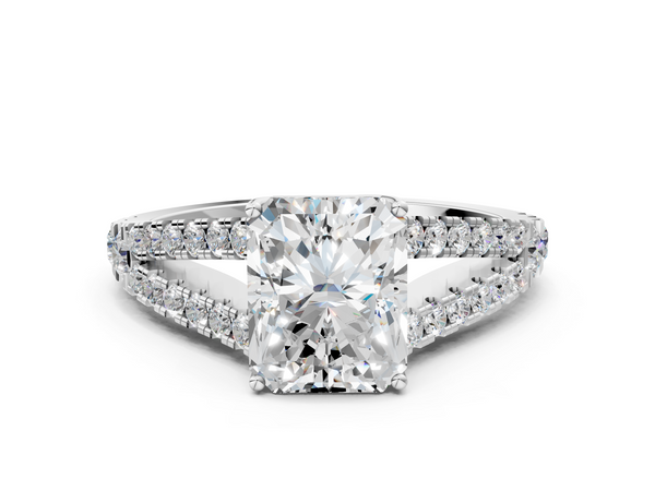 White gold Radiant Cut Split Shank Pave Diamond Engagement Ring with Four-Prong Setting