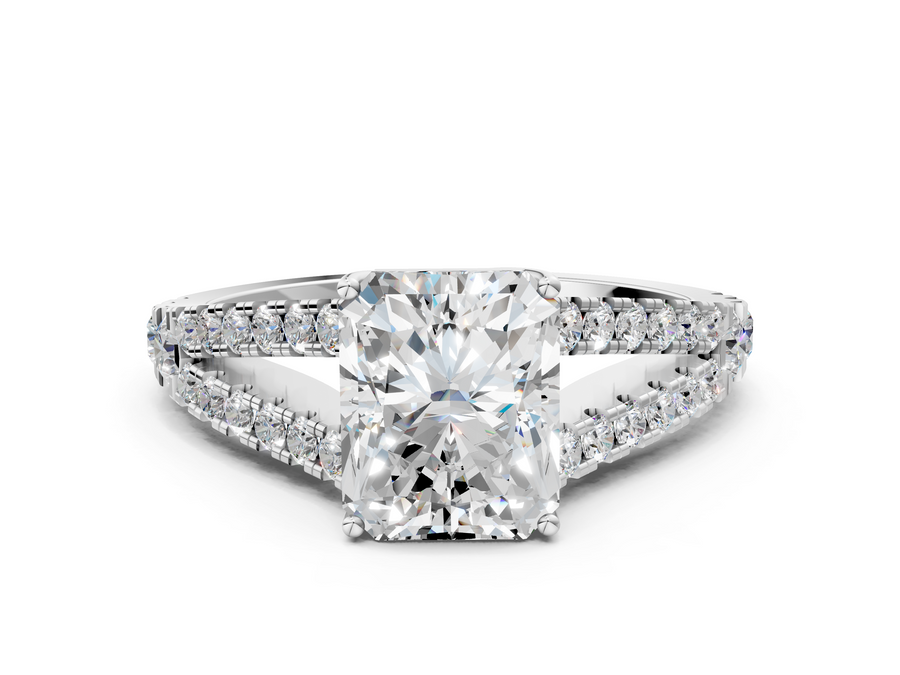 White gold Radiant Cut Split Shank Pave Diamond Engagement Ring with Four-Prong Setting