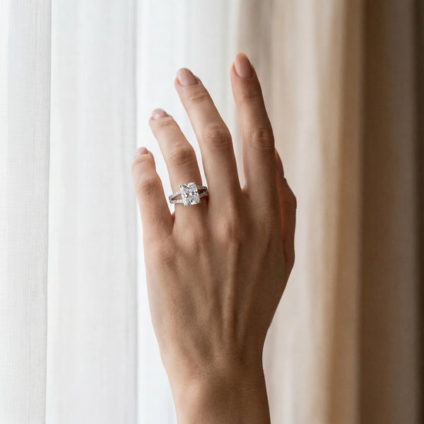 White gold Radiant Cut Split Shank Pave Diamond Engagement Ring with Four-Prong Setting