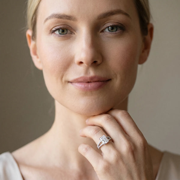 White gold Radiant Cut Split Shank Pave Diamond Engagement Ring with Four-Prong Setting