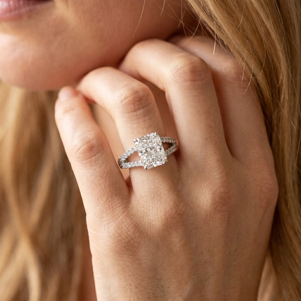 White gold Radiant Cut Split Shank Pave Diamond Engagement Ring with Four-Prong Setting