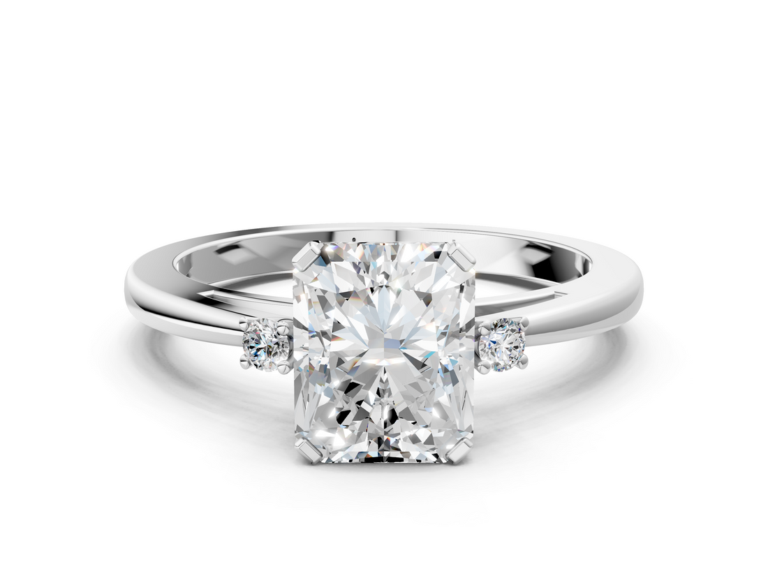 White gold Radiant Cut Three-Stone Solitaire Ring with Round Accent Diamonds and Four-Prong Setting_50