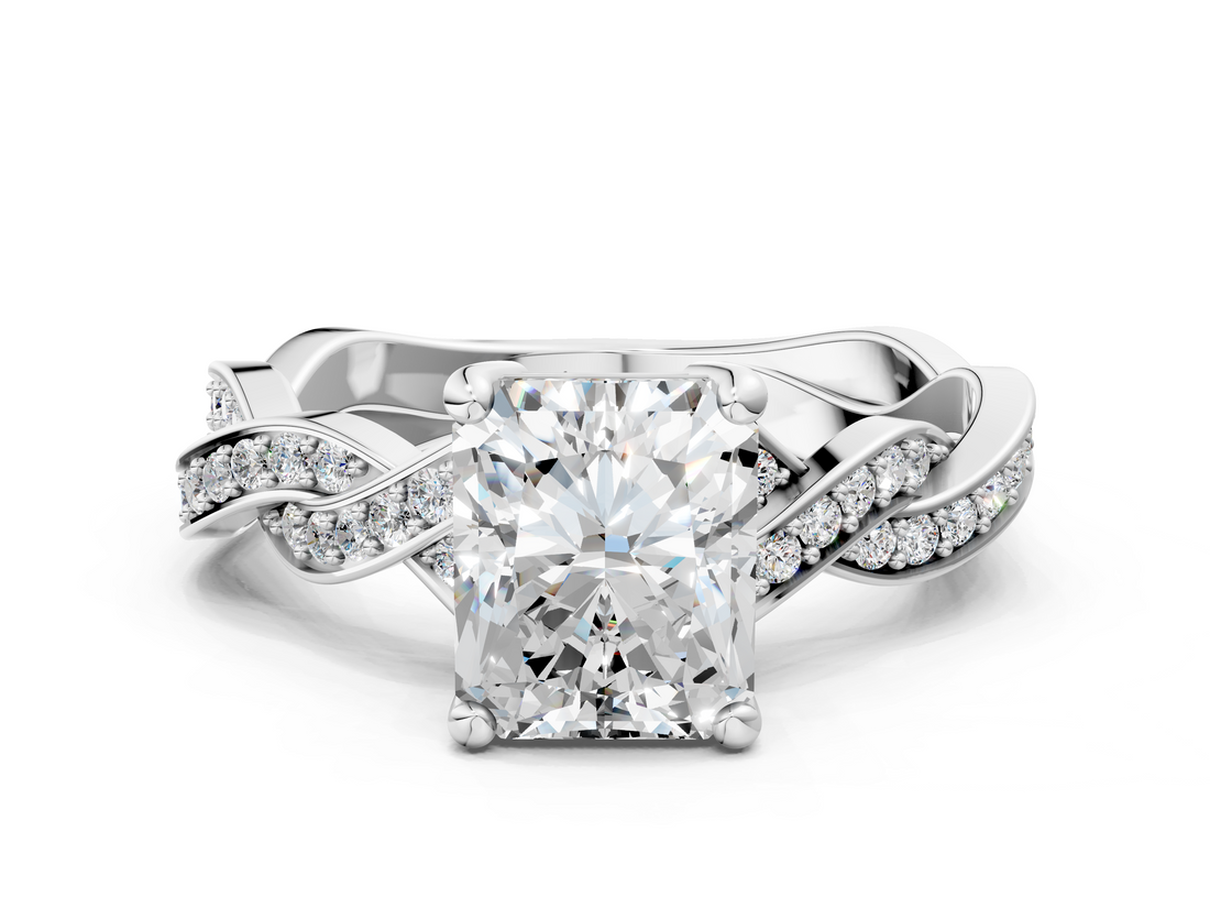 White gold Radiant Cut Twisted Pavé Band Solitaire Ring with Four-Prong Setting_112