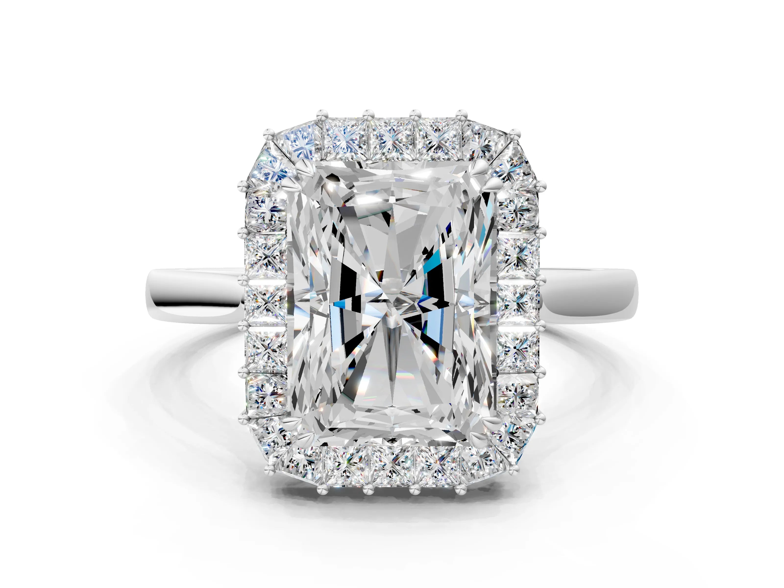 White gold Radiant Diamond Baguette Halo Engagement Ring