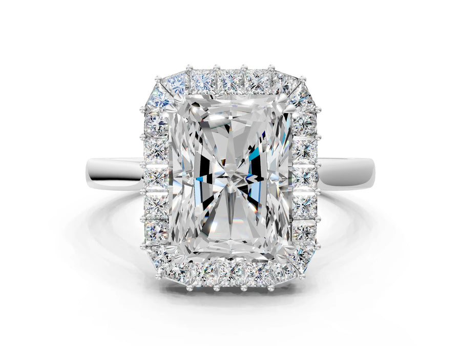 White gold Radiant Diamond Baguette Halo Engagement Ring