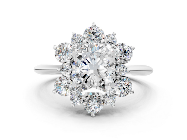 White gold Radiant Diamond Cluster Halo Ring with Solitaire Band and Four-Prong Setting