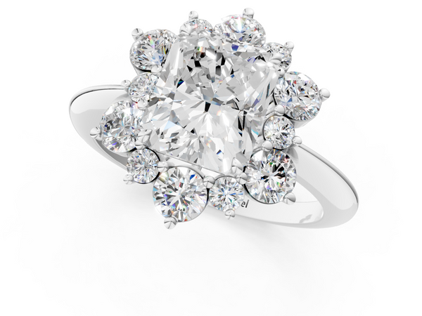 White gold Radiant Diamond Cluster Halo Ring with Solitaire Band and Four-Prong Setting