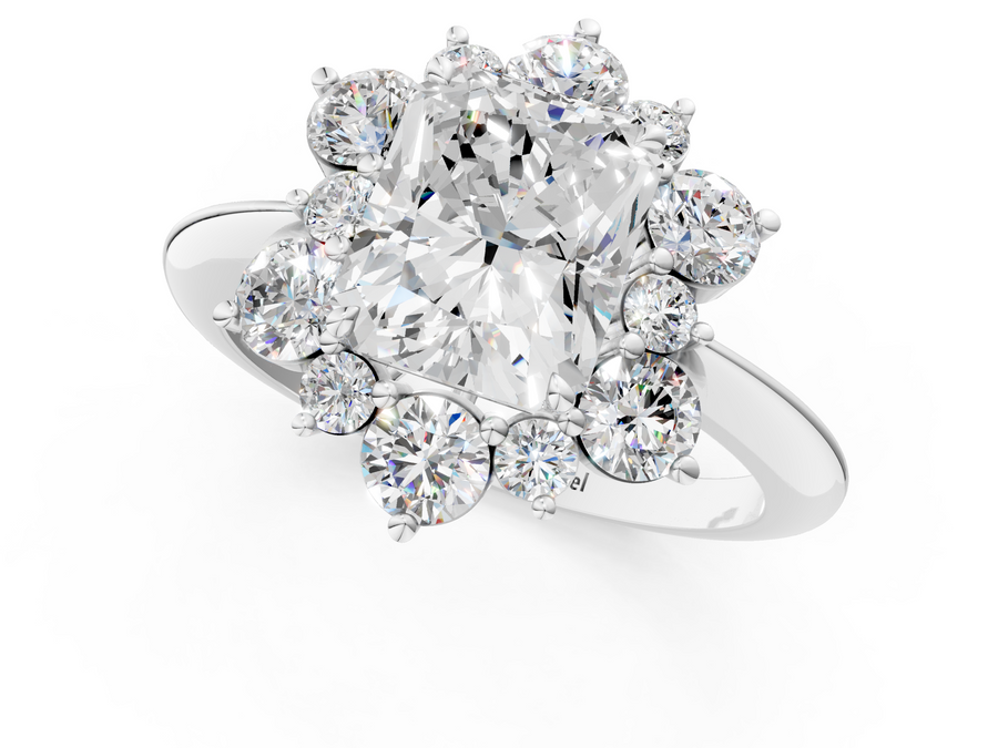 White gold Radiant Diamond Cluster Halo Ring with Solitaire Band and Four-Prong Setting