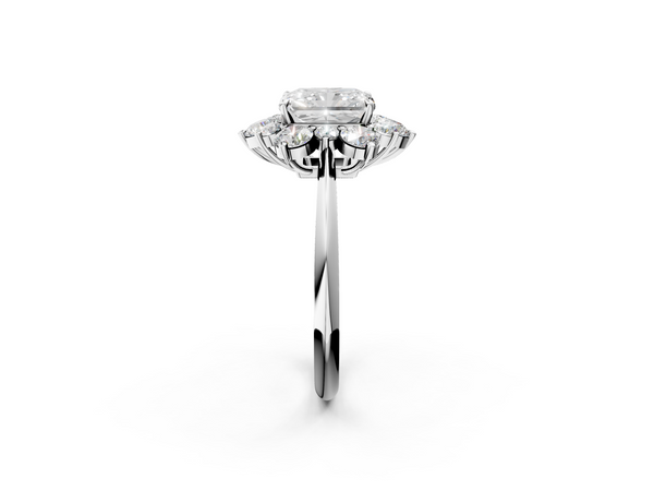 White gold Radiant Diamond Cluster Halo Ring with Solitaire Band and Four-Prong Setting