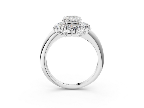 White gold Radiant Diamond Cluster Halo Ring with Solitaire Band and Four-Prong Setting