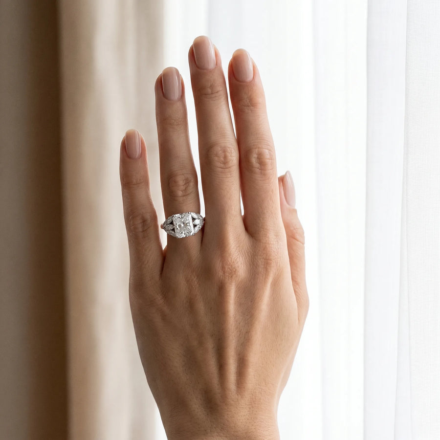 White gold Radiant Diamond Cluster Leaf Design Ring with Prong Setting
