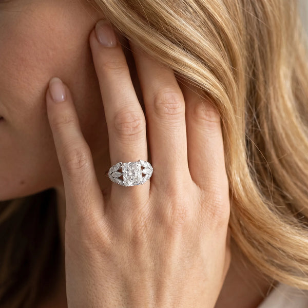 White gold Radiant Diamond Cluster Leaf Design Ring with Prong Setting