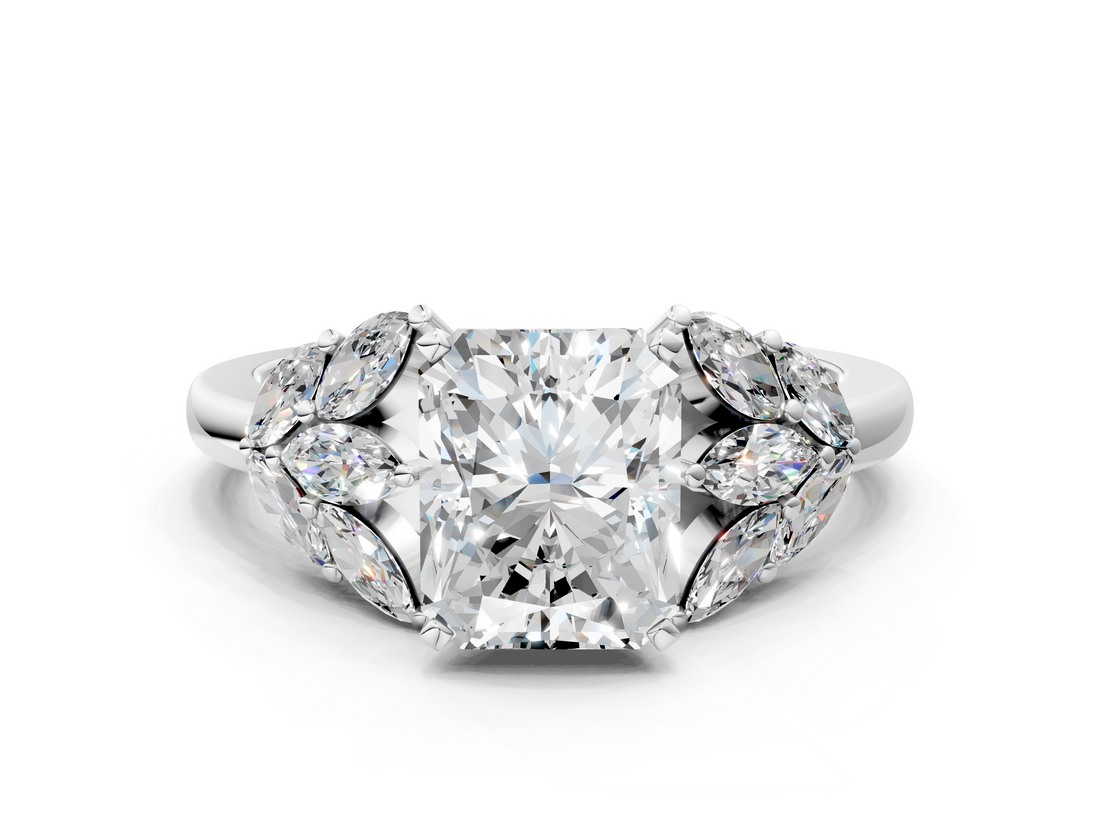 White gold Radiant Diamond Cluster Leaf Design Ring with Prong Setting_89