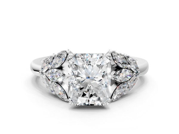 White gold Radiant Diamond Cluster Leaf Design Ring with Prong Setting