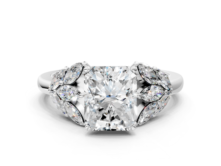 White gold Radiant Diamond Cluster Leaf Design Ring with Prong Setting