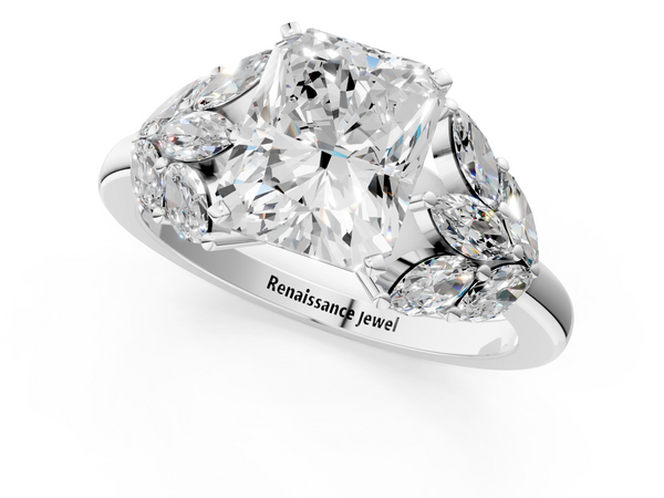 White gold Radiant Diamond Cluster Leaf Design Ring with Prong Setting