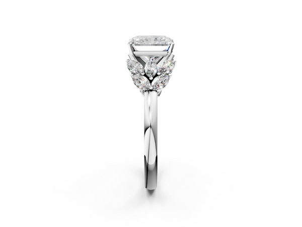 White gold Radiant Diamond Cluster Leaf Design Ring with Prong Setting