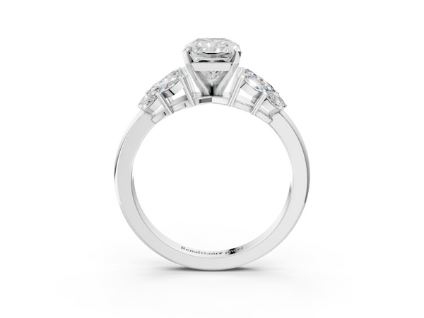 White gold Radiant Diamond Cluster Leaf Design Ring with Prong Setting