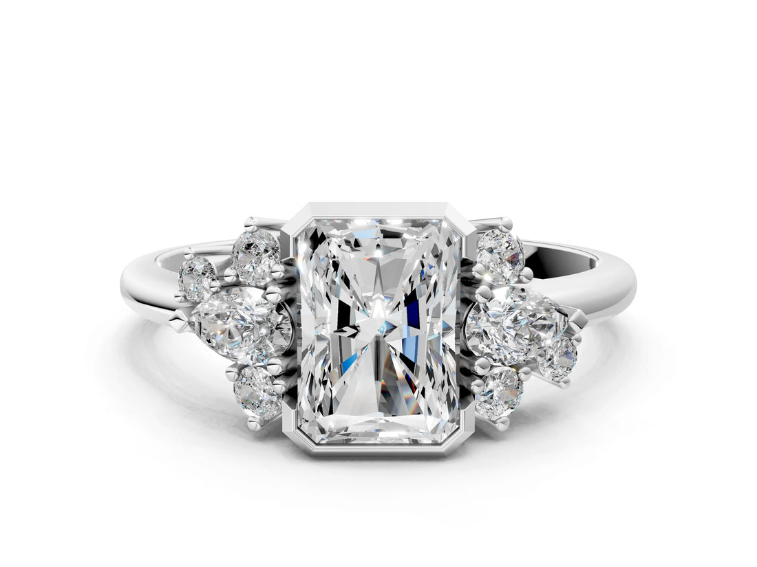 White gold Radiant Diamond Engagement Ring with Pear and Round Side Stones