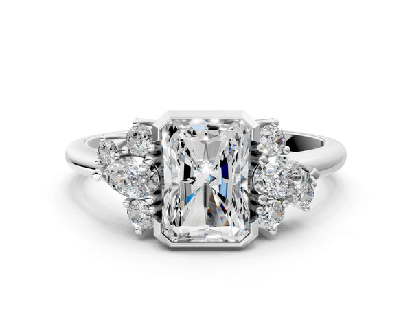 Platinum Radiant Cut Bezel Engagement Ring Setting with Pear and Round Side Stone Clusters
